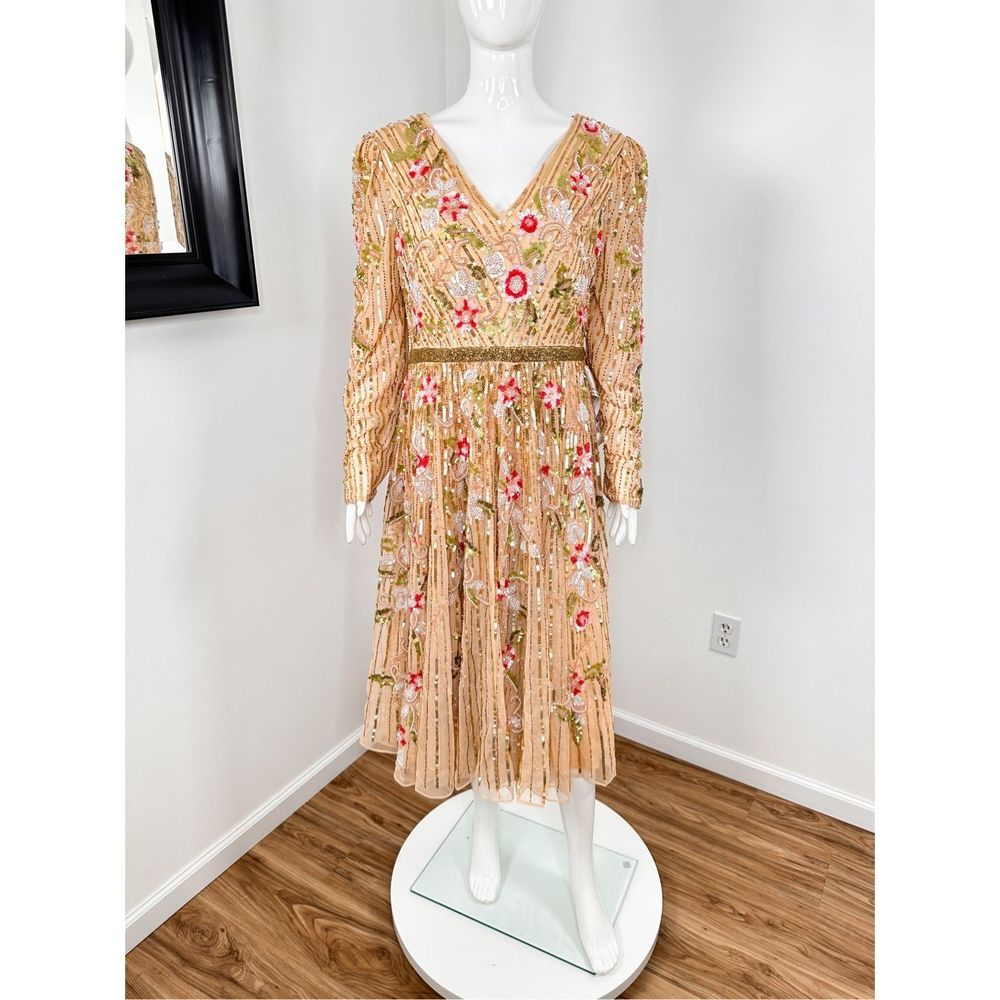 🔥🔥 Mac Duggal Long Sleeve Floral Beaded MIDI Dress Size 14 - Picture 5 of 12